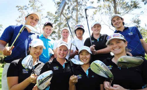 The Institute of Sport golfers ham it up for the camera before hitting the Bonville fairway. The Institute of Sport golfers ham it up for the camera before hitting the Bonville fairway.